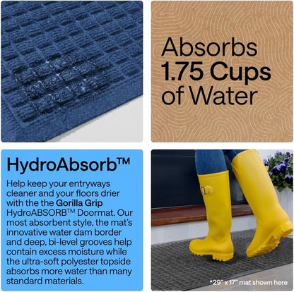 GORILLA GRIP® Ultra Absorbent Front Door Mat Outside Entrance, Traps Dirt and Moisture, HydroABSORB Indoor Outdoor Doormat Holds Up to 1.7 Cups Water, Stain and Fade Resistant Welcome Mat, 29x17 Black