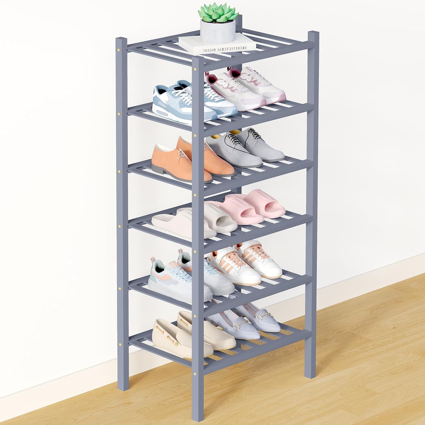 Smiry Bamboo Shoe Rack for Closet, 3 Tier Wooden Shoe Organizer, Stackable Wood Shoe Storage Shelf for Entryway, 14 Vertical Slats, One-piece Heavy-Duty Legs, 26.77"x11.02"x18.31", Natural