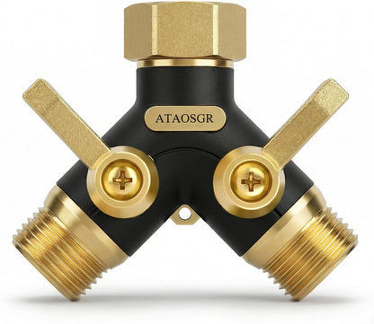 Garden Hose Splitter 2 Way Heavy Duty, Metal Body Water Hose Splitter | with Shut-Off Valve,360° Brass Swivel,3/4'' GHT Connector Full Flow Hose Bib Splitter, For Outdoor Spigot Faucet