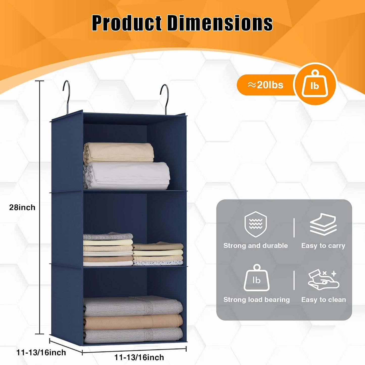 Hanging Closet Organizer 3-Shelf, Oxford Fabric Wardrobe Storage, Gray | Easy-mount foldable design holds clothes, handbags, shoes & accessories; washable Oxford fabric, sturdy and space-saving.