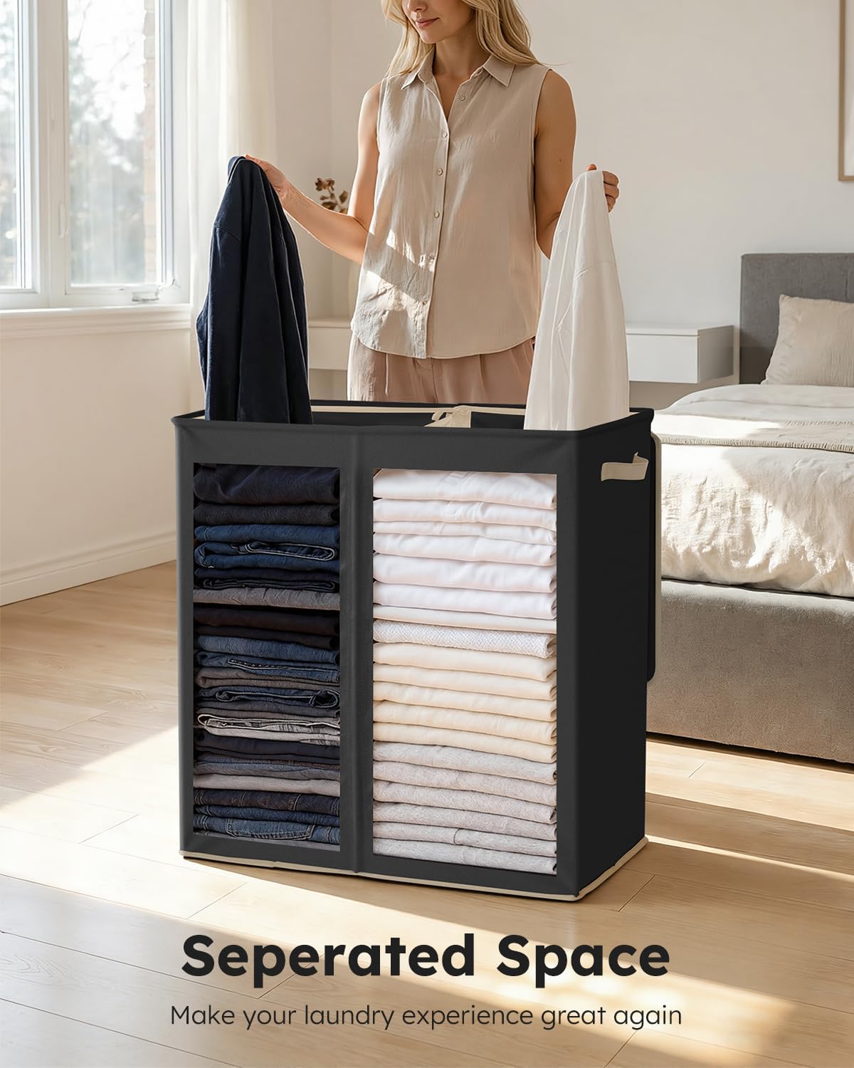 SOLEDI Luxury Double Laundry Hamper with Lid and Removable Bags, 38.3 Gal Large Laundry Bin, Laundry Basket 2 Sections, Collapsible Clothes Hamper for Bedroom, Laundry Room, Bathroom, Off-white