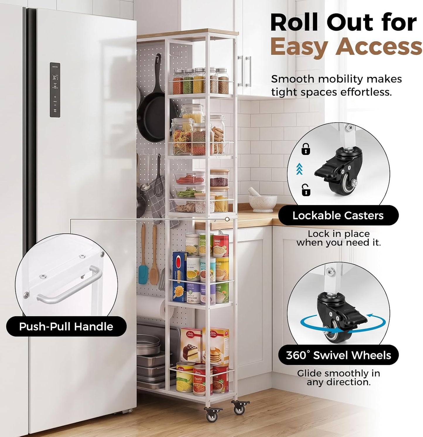 Slim Rolling Storage Cart, 8.3 Inch Narrow Storage Cart with Wheels, Pegboard & 5 Tier Shelves, Mobile Slim Storage Rack Next to Fridge for Kitchen, Laundry, White