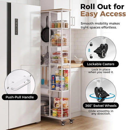 Slim Rolling Storage Cart, 8.3 Inch Narrow Storage Cart with Wheels, Pegboard & 5 Tier Shelves, Mobile Slim Storage Rack Next to Fridge for Kitchen, Laundry, White
