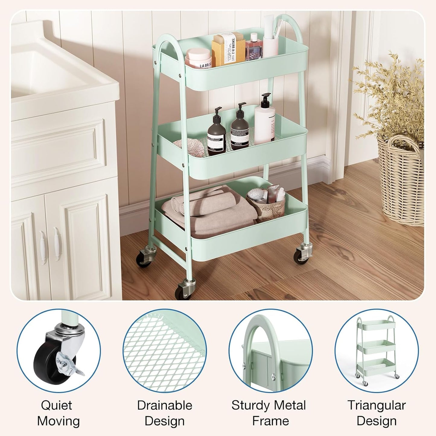 OLIXIS Metal 4 Tiers Utility Rolling Cart, Mobile Storage Shelf with Lockable Caster Wheels, Organization for Livingroom, Bathroom, Kitchen, & Narrow Places, 4-Tier Green