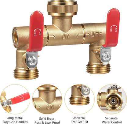 Garden Water Hose Splitter - RV Water Splitter 2 Way Heavy Duty Brass Spigot Hose Splitter - Outdoor Y Hose Bib 2 Valves with 2 Extra Rubber Washers for 3/4" Hose Connector (Blue)