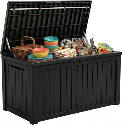 MAKINO 152 Gallon Resin Outdoor Storage Box, Waterproof Deck Box with Lockable Lid, Outside Storage Box for Patio Furniture, Pool Accessories, Garden Tools, Storage Bench for Backyard, Porch, Black