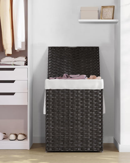 SONGMICS Laundry Hamper with Lid, 23.8 Gallon (90 L) Synthetic Rattan Clothes Laundry Basket with Lid and Handles, Foldable, Removable Liner, Chestnut Brown ULCB051K02