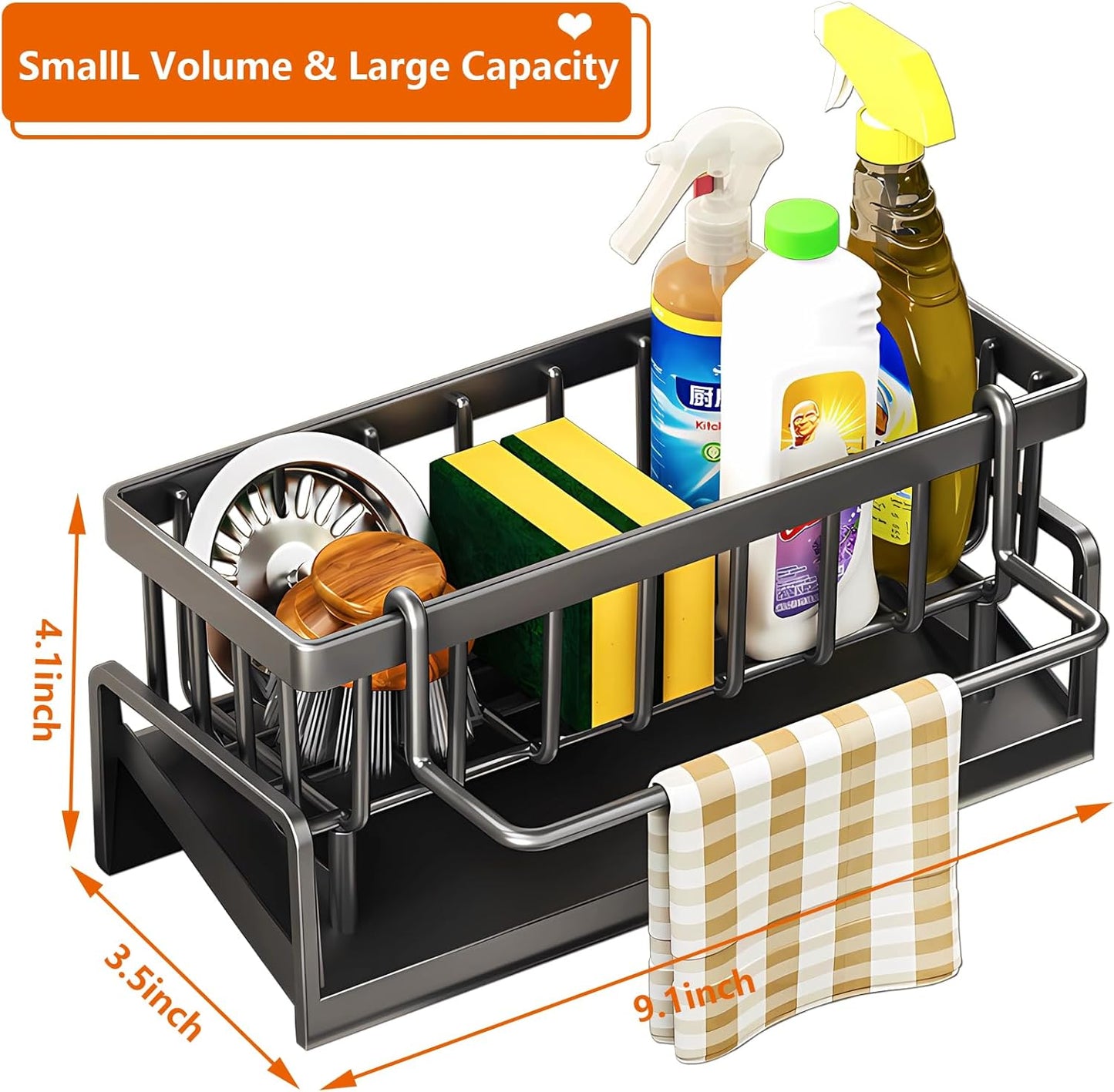 Kitchen Sink Caddy Organizer, Stainless Steel Sink Sponge Holder,45°Tilt Self-Drainage, Sponge Drain Rack with Dish Brush Holder,Removable Dishcloth Rack for Kitchen Storage Dispenser,Grey