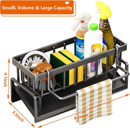 Kitchen Sink Caddy Organizer, Stainless Steel Sink Sponge Holder,45°Tilt Self-Drainage, Sponge Drain Rack with Dish Brush Holder,Removable Dishcloth Rack for Kitchen Storage Dispenser,Grey