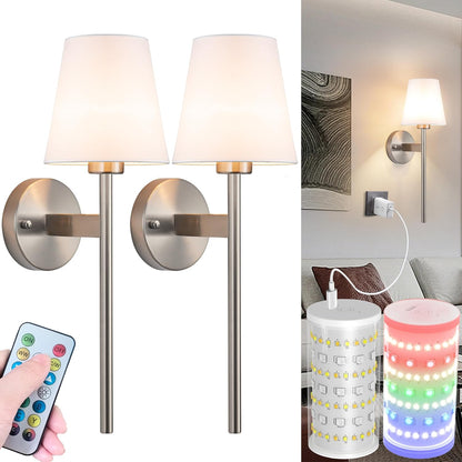 Nekhung Battery Operated Wall Sconces Set of Two, Wireless Battery Wall Light with 10000mAh RGB Dimmable Magnetic Bulb and Remote, Rechargeable Sconce Wall Decor for Bedroom Living Room Hallway