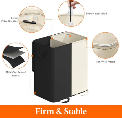 Lifewit Double Laundry Hamper with Lid and Removable Laundry Bags, Large Collapsible 2 Dividers Dirty Clothes Basket with Handles for Bedroom Laundry Room Closet Bathroom College, 136L Beige