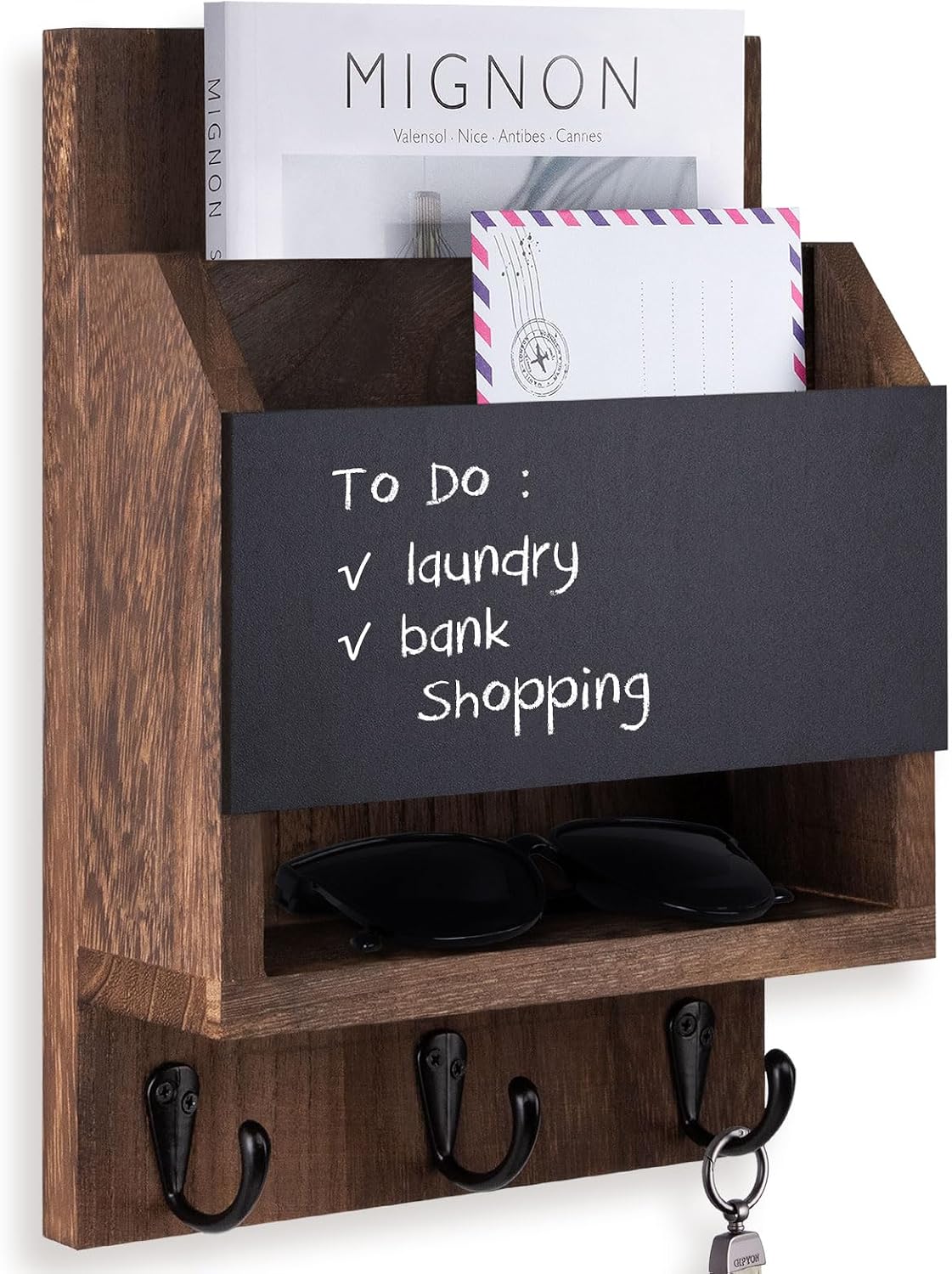 Key and Mail Holder for Wall, Key Holder with Chalkboard and Long Storage Box, Key Hanger with 3 Sturdy Hooks for Coat, Dog Leash, Entryway Mail Organizer (Black)
