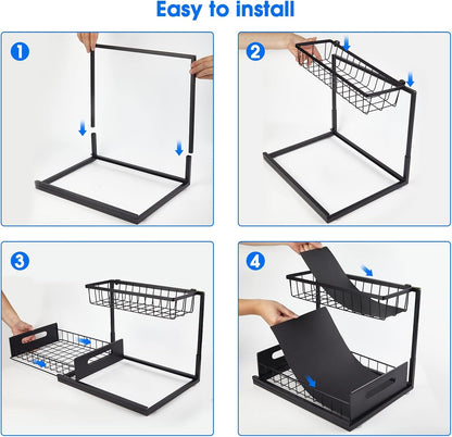 Under Sink Organizer, 2 Tier Pull-Out Cabinet Storage Shelf, Rust-Resistant Metal Organizer for Kitchen Bathroom Laundry Room, No Tools Installation, 1 Pack Black