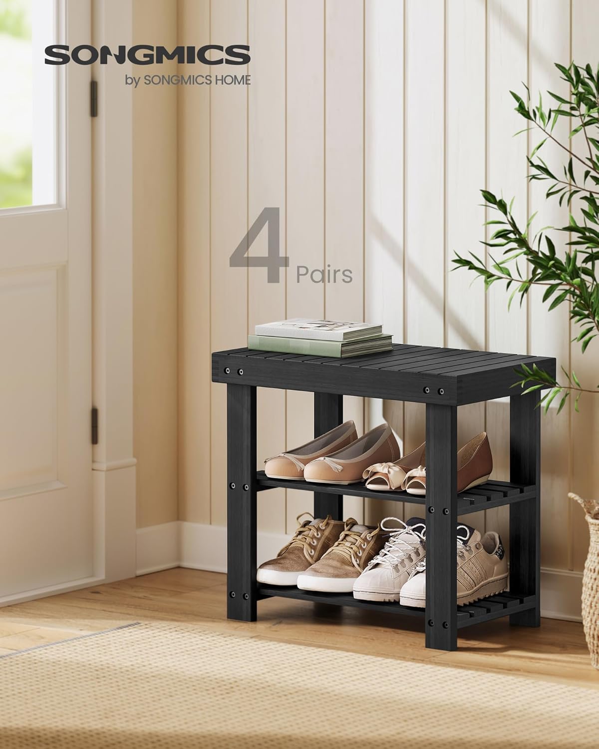 SONGMICS Shoe Rack Bench, 3-Tier Bamboo Shoe Storage Organizer, Entryway Bench, Holds Up to 286 lb, 11.3 x 27.6 x 17.8 Inches, for Entryway Bathroom Bedroom, Ink Black ULBS04H