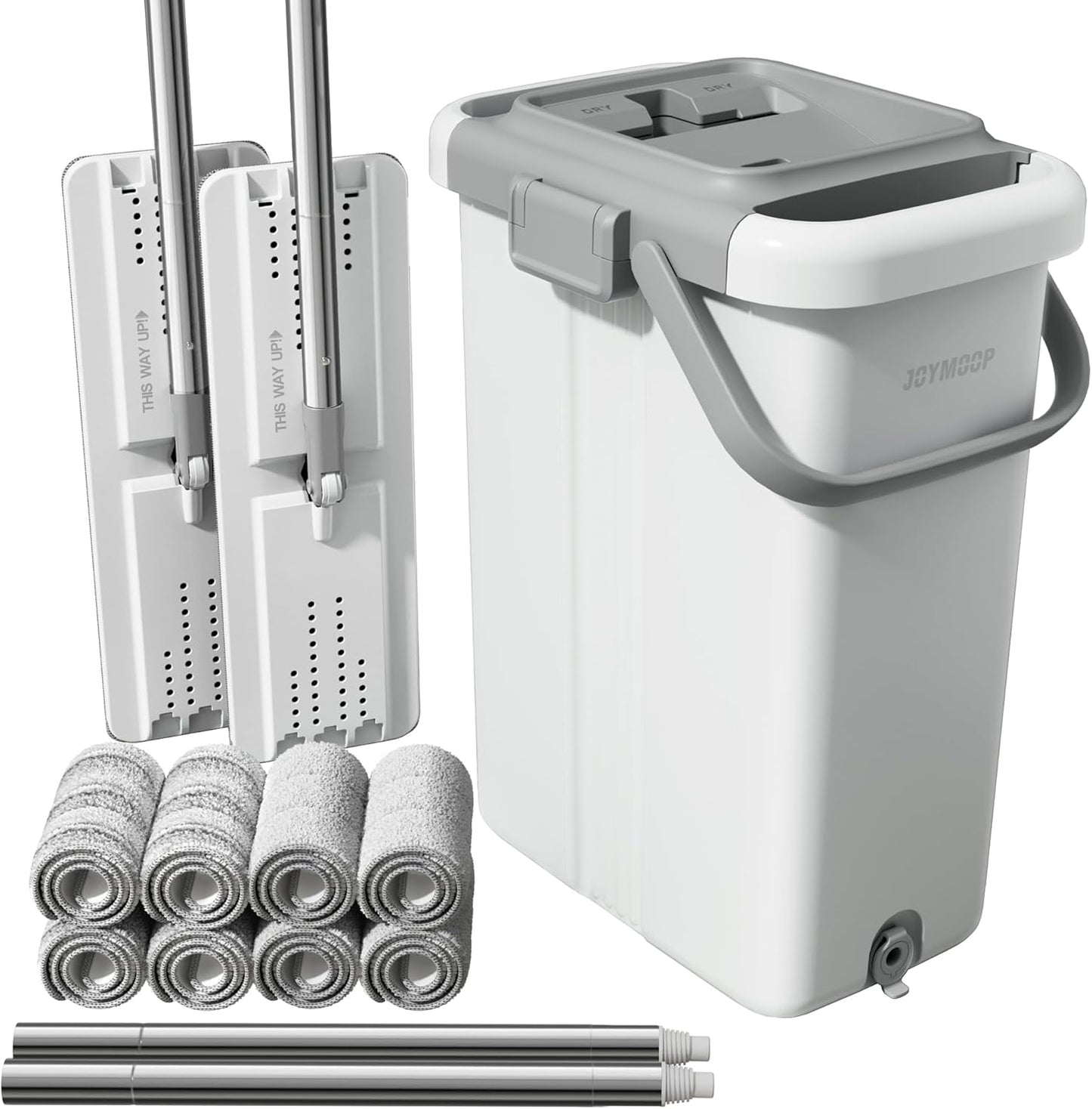 JOYMOOP Mop and Bucket Set, Flat Mops for Floor & Wall Cleaning, Commercial & Household Use, Hardwood Floor Mop with Long Handle & 4 Microfiber Pads