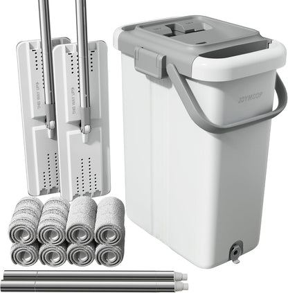 JOYMOOP Mop and Bucket Set, Flat Mops for Floor & Wall Cleaning, Commercial & Household Use, Hardwood Floor Mop with Long Handle & 4 Microfiber Pads