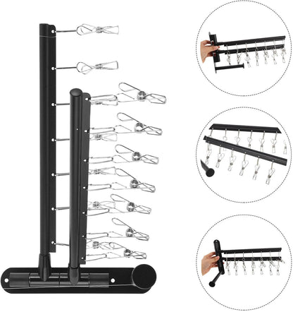 OSALADI Wall Mounted Utility Rack with 2-Tier Stainless Steel Multi Bar and 360° Rotating Arms, Black Clothes Drying Rack with No-Drill Installation and Strong Loadbearing for Laundry