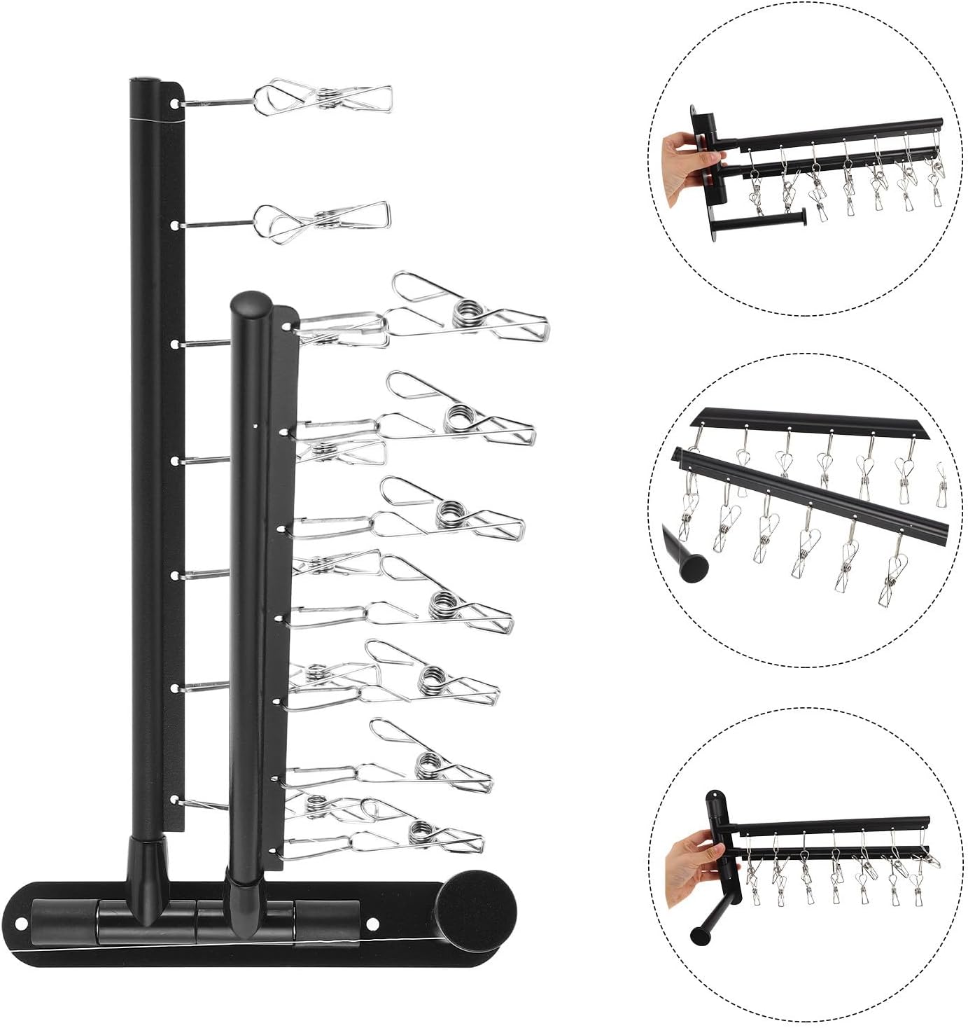 Garneck Wall Mounted 2-Tier Stainless Steel Bars with Laundry Drying Rack 360° Rotating Arms, Space Saving Black Clothes Hanger with 14 Windproof Clips and Bathroom and Bedroom