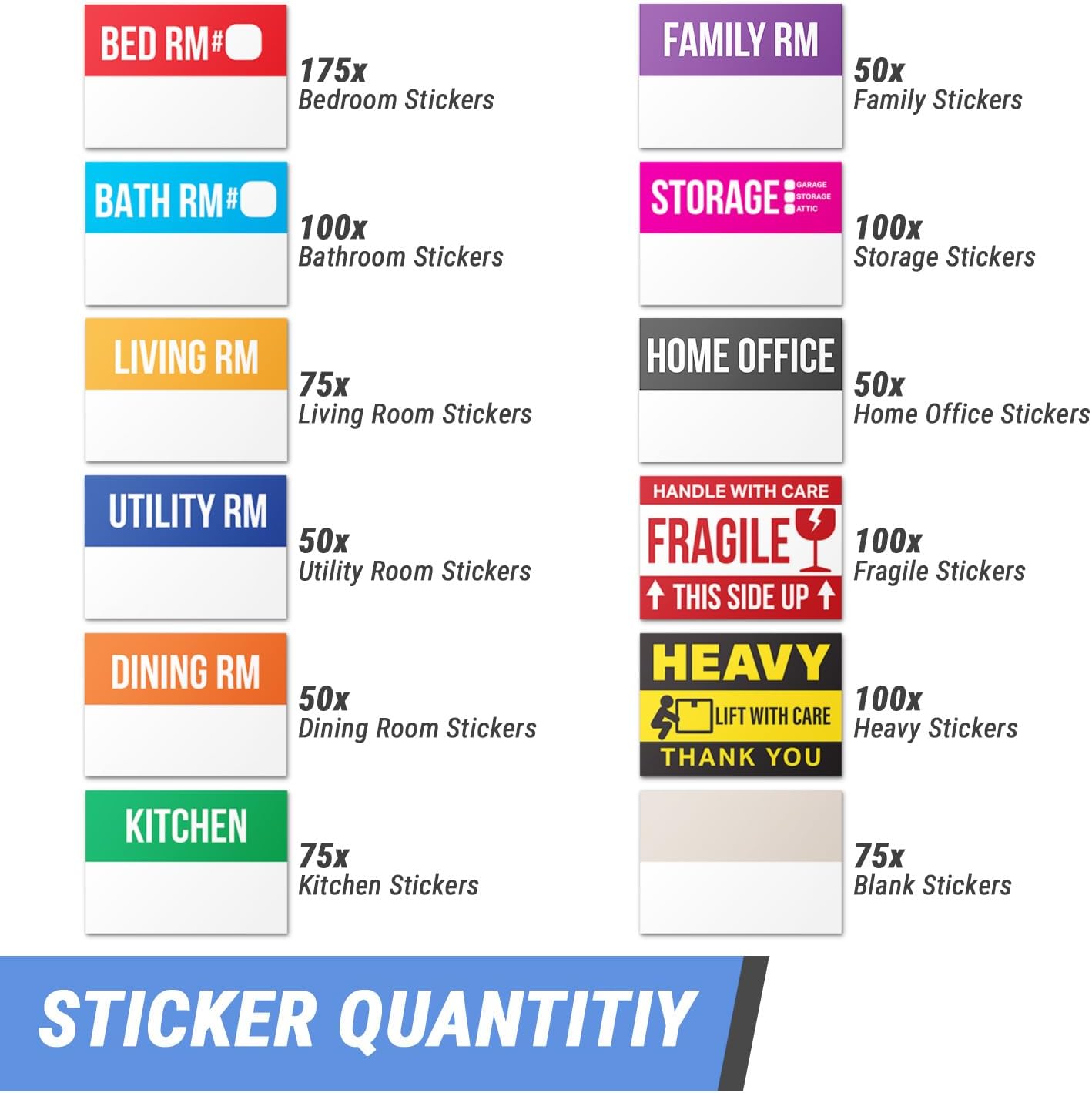 Home Moving Labels (3 x 2 inch, 10 Designs - 300 Labels) for 1-2 Bedroom, Color Coded Moving Stickers w/Writable Note Area, Fragile, Heavy & Extra Blank Stickers