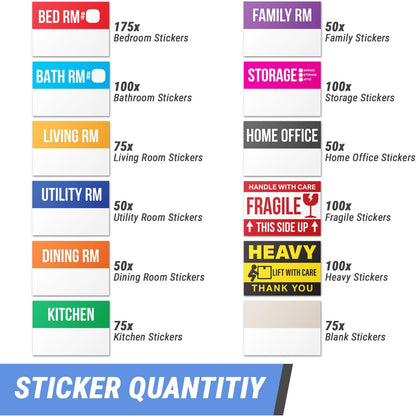 Home Moving Labels (3 x 2 inch, 10 Designs - 300 Labels) for 1-2 Bedroom, Color Coded Moving Stickers w/Writable Note Area, Fragile, Heavy & Extra Blank Stickers