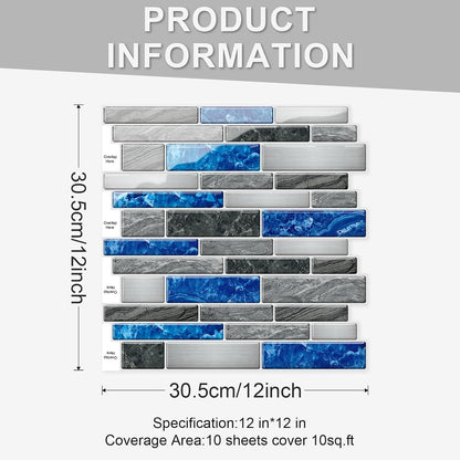 10 Sheets Peel and Stick Backsplash, Peel and Stick Tiles, Marble Look Wall Tiles Backsplash for Kitchen and Bathroom, Livingroom, 12”x12”,Blue&Grey