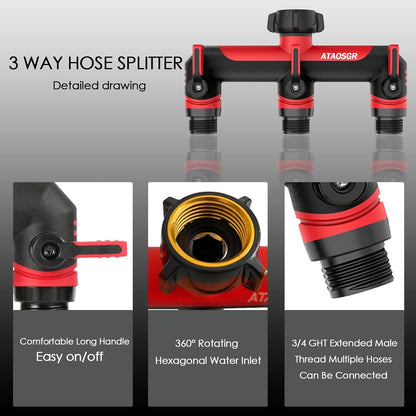 ATAOSGRGarden Hose Splitter 3 Way, 3/4" Outdoor Faucet Splitter, Tap Connector with On/Off Valves and Extended Handle, Tap Adapter Garden Hose Connector for Garden Outdoor Home - Greens