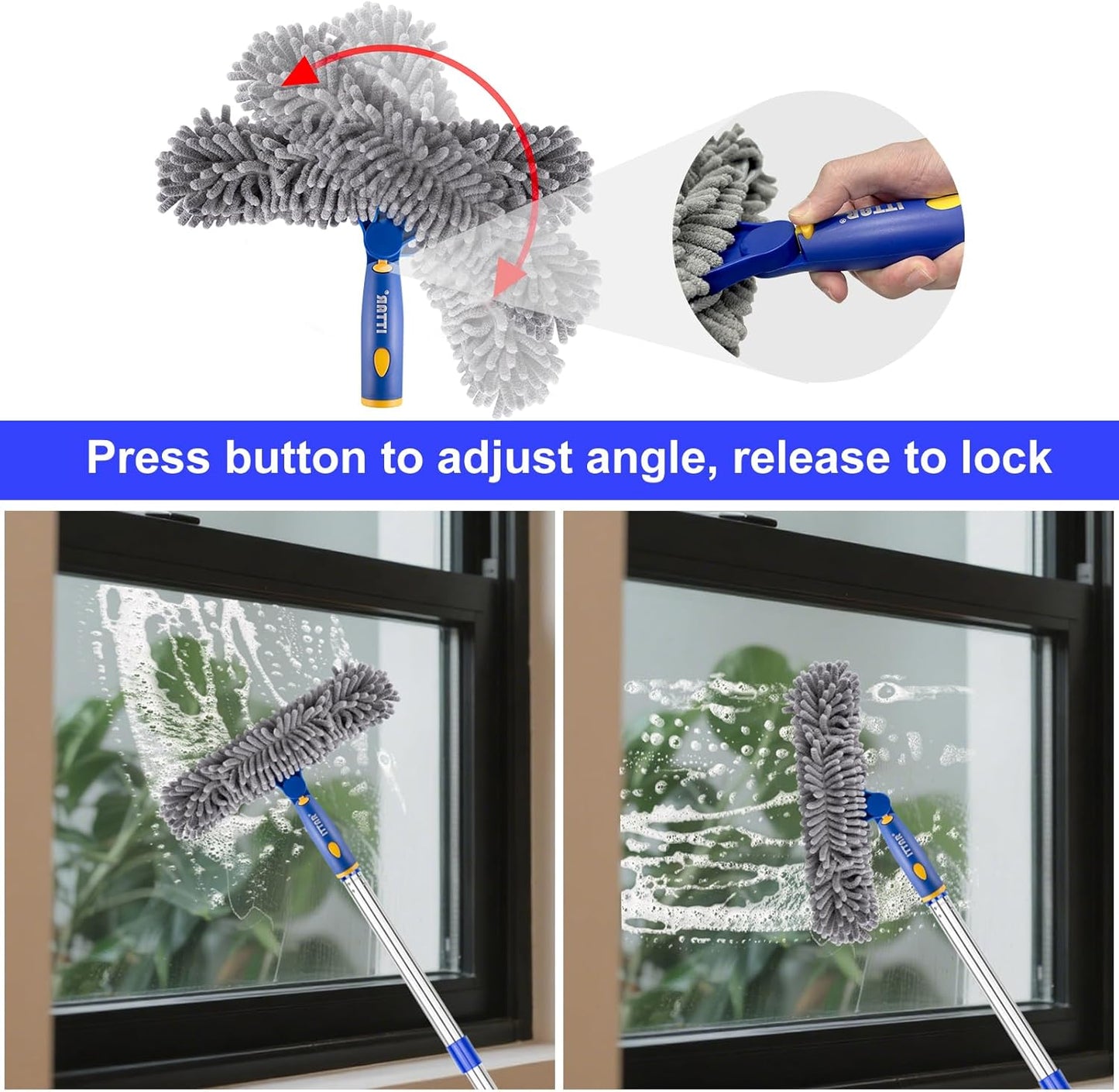ITTAR Window Squeegee with 86 Inch Extension Pole, Rotatable Window Cleaning Kit with Long Handle, Rubber Blade & Microfiber/Chenille Pads Glass Cleaner Tool for Outdoor Windows, Glass, Car