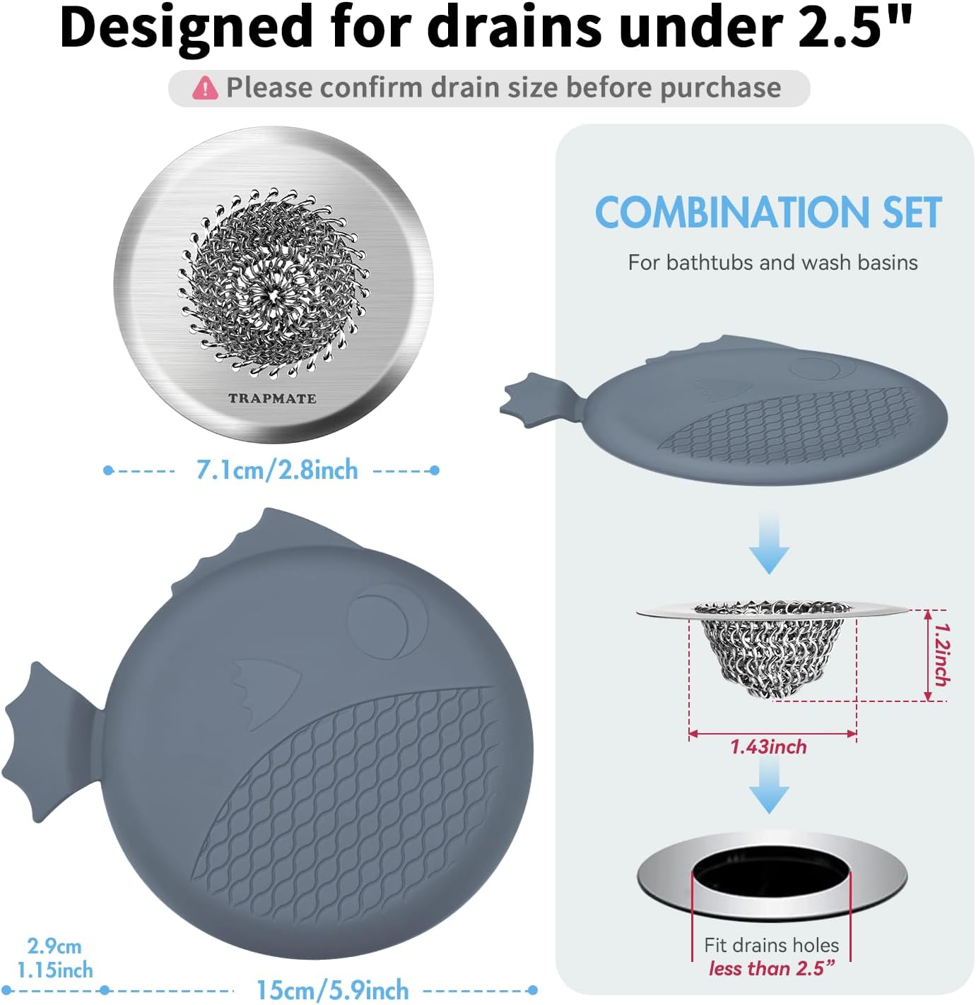 TRAPMATE Shower Drain Hair Catcher, 2.8" Fast Drainage Bathtub Stopper Drain Strainer Kit, Stainless Steel Shower Drain Cover, Bathtub Drain Protector for Sinks & Tubs (Patented Product)