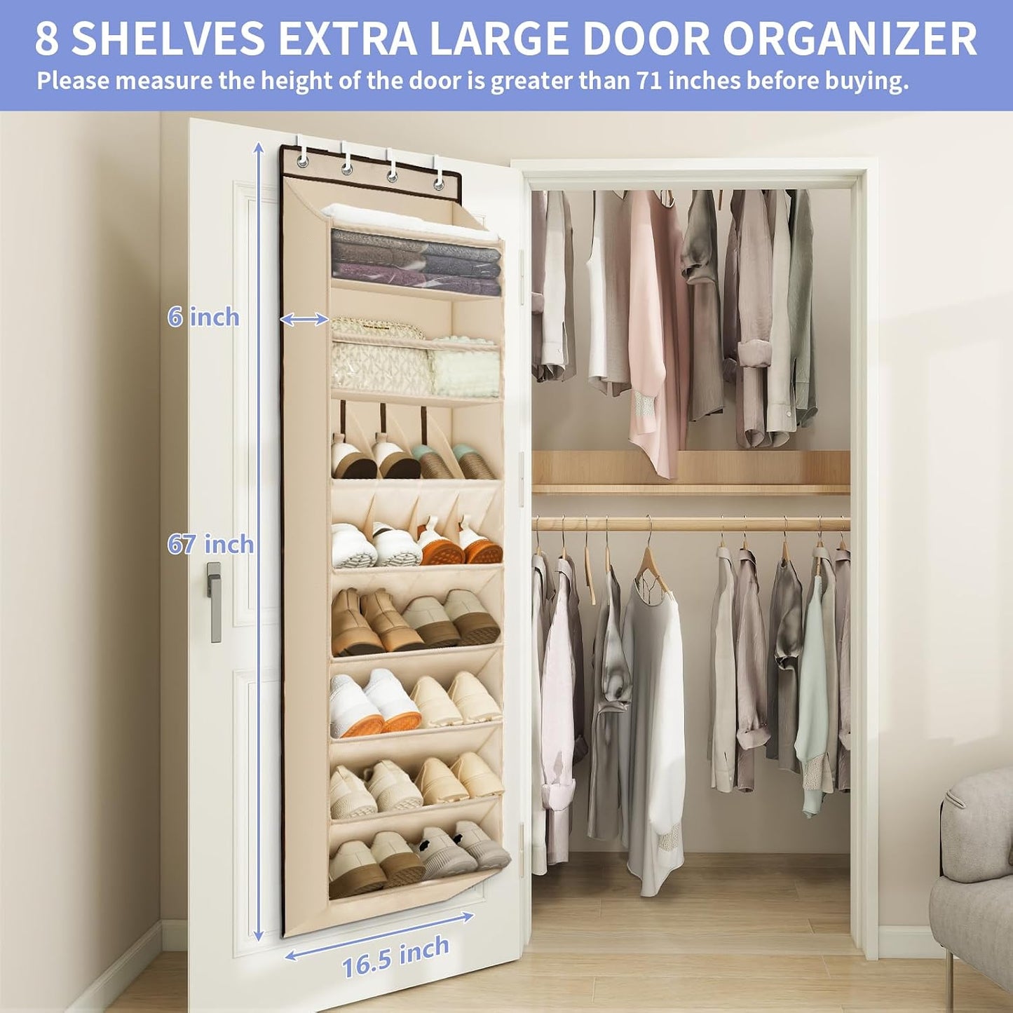 FENTEC 1 Pack Over-the-Door-Shoe-Organizers,Hanging Organizers with Large Pocket Shoe Holder Hanging Shoe Rack for Closet Shoe Organizer for Wall, Over Door Organizer with 15 Pockets Gray