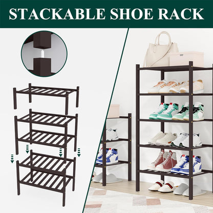 Smiry Bamboo Shoe Rack, 3 Tier Free Standing Wooden Shoe Organizer, Stackable Wood Shoe Storage Shelf for Closet, Entryway, 12 Vertical Slats, 2+1 Stack Standard Legs, 26.8"x11"x19.5", Natural