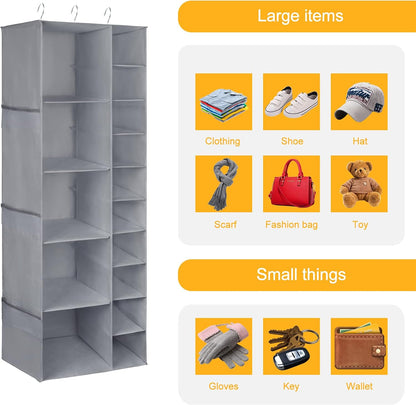 Libeder Shoe Organizer for Closet, 15 Shelf Hanging Closet Storage Shelves - 10 Shoe Rack Organizer and 5 Compartment for Clothes with 6 Side Mesh Pockets for Scarves Socks,Gloves, Grey
