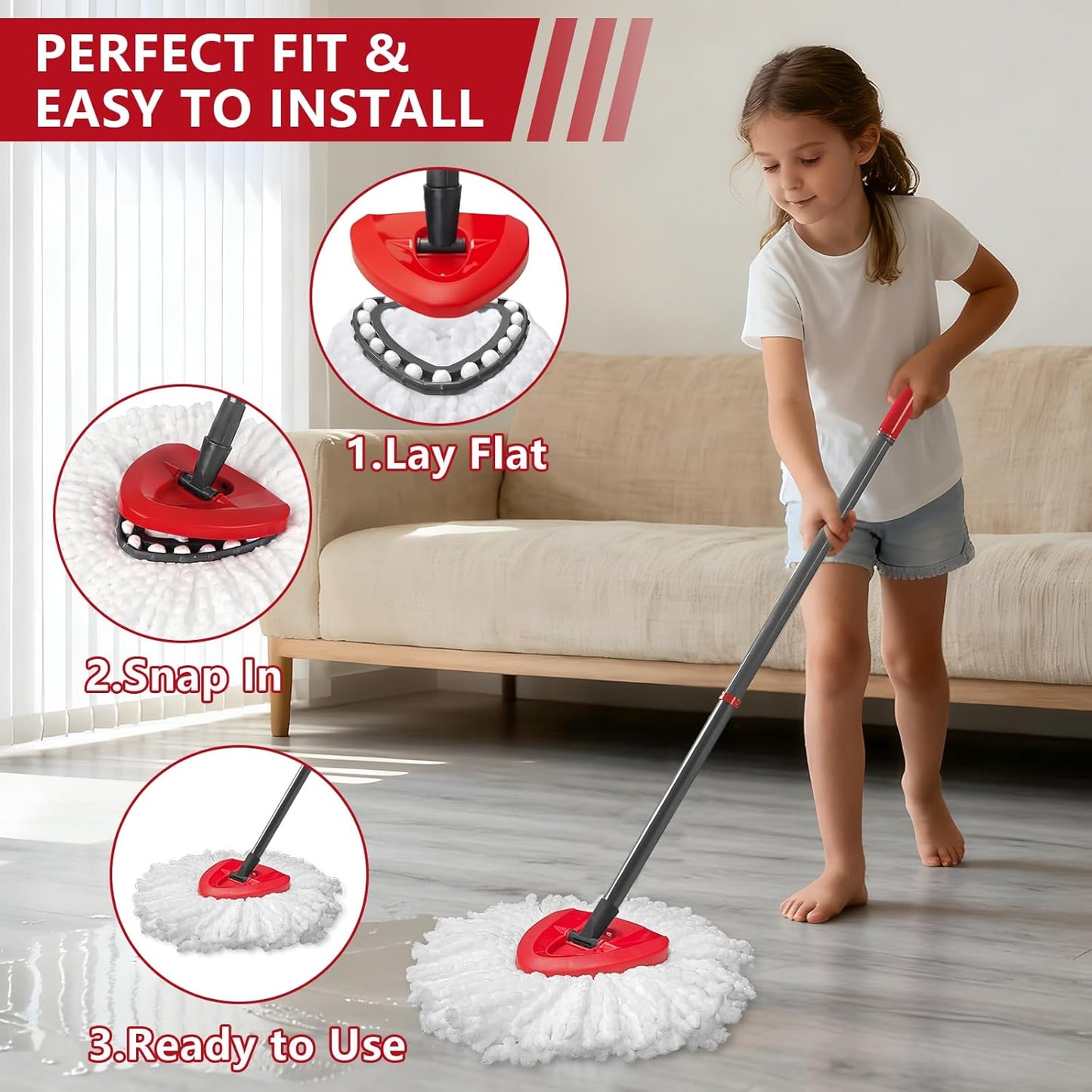 Easywring 1-Tank System,Mop Replacement Heads for O-Ceda Mop Replace Head, Spin Mop Heads Replacements, Microfiber Spin Mop Refills, Easy Cleaning Mop Head Replacement (White-3pcs)