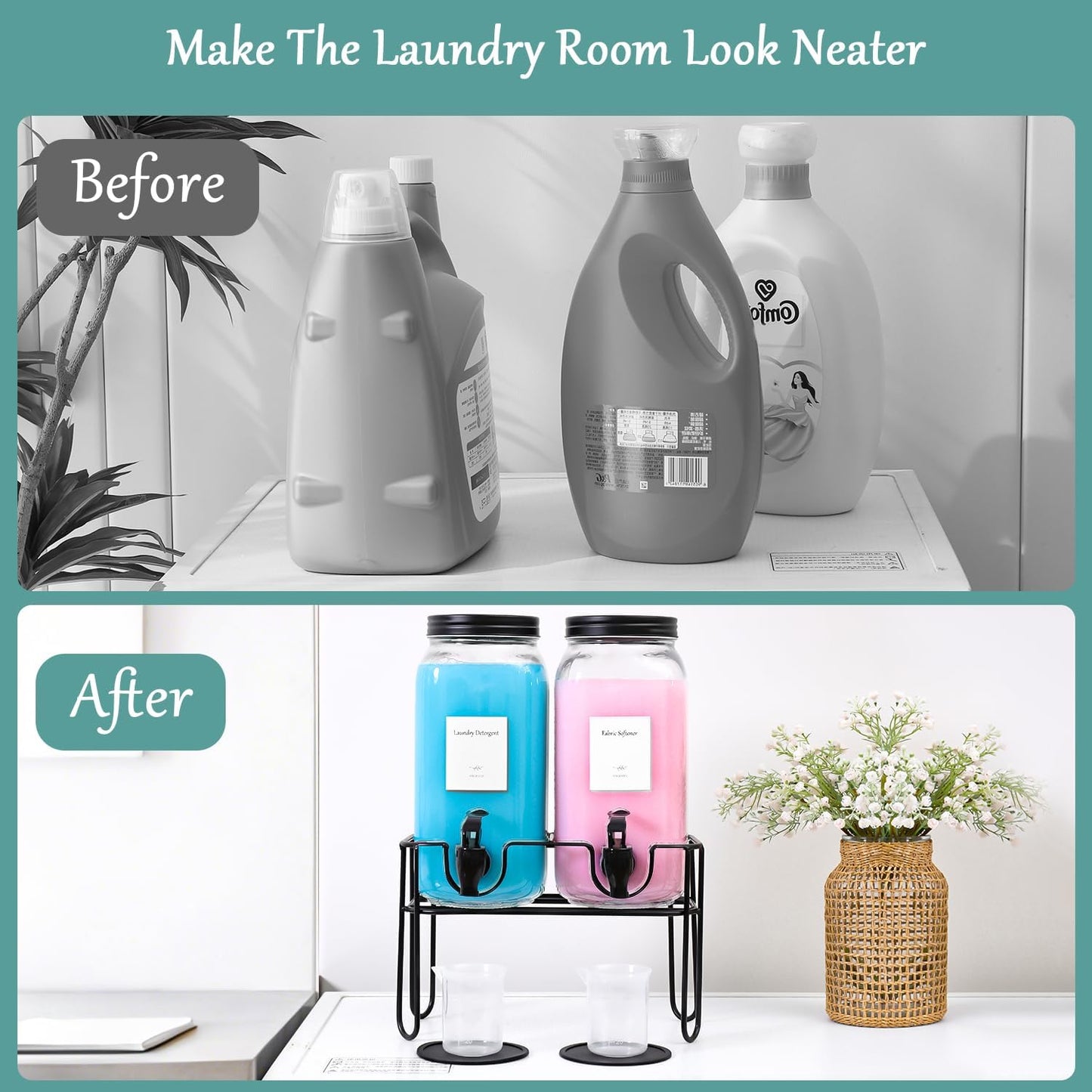 70OZ Laundry Detergent Dispenser with Stand, Liquid Laundry Soap Dispenser Set, Fabric Softener Dispenser for Laundry Room, 2 Pack