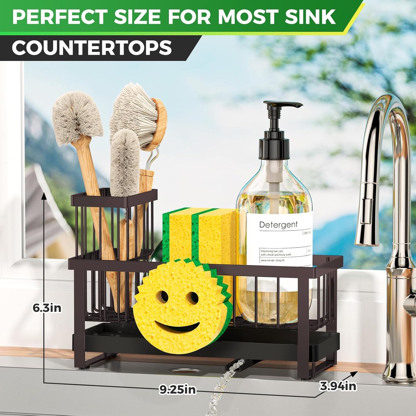 Sponge Holder for Kitchen Sink,Smiley Face Sink Caddy with Removable Brush Holder,Self-Draining Sponge Caddy for Soap,Dish Brush,Scrubber,Kitchen Essentials and Gadgets-Silver