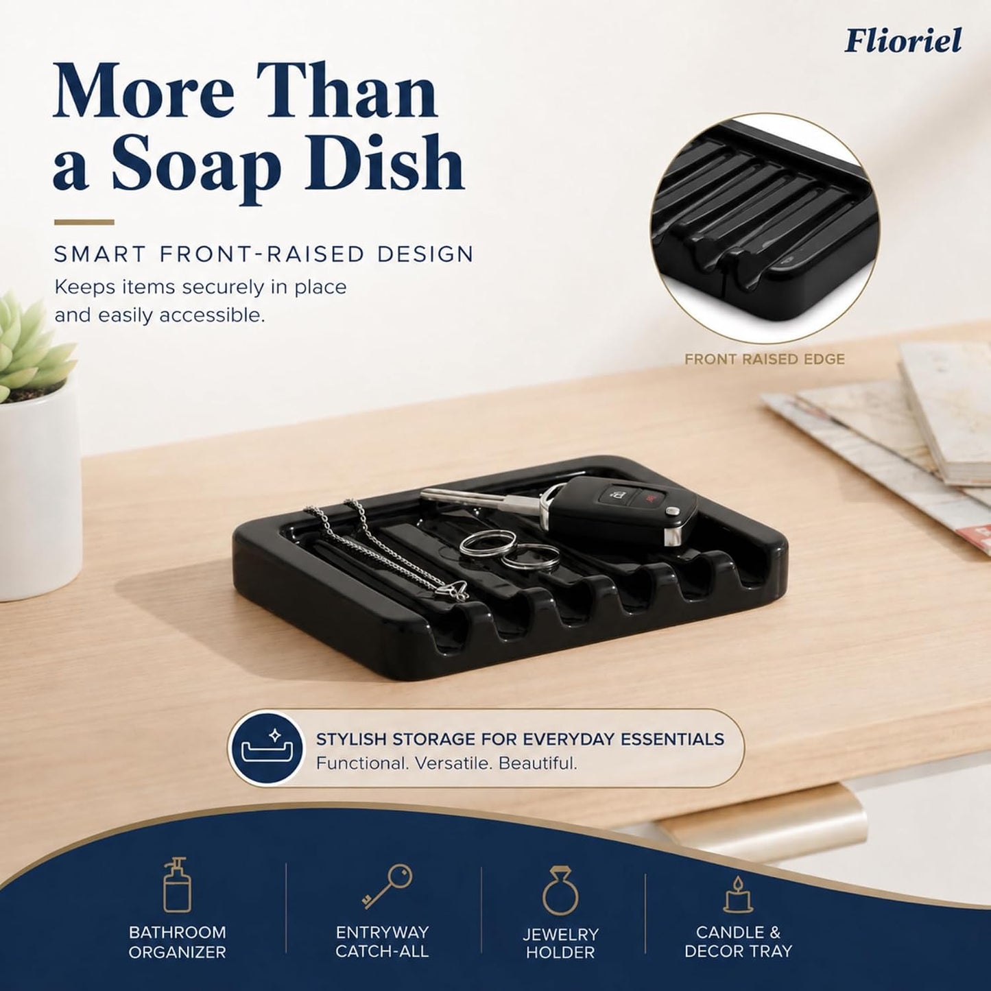 Ceramic Soap Dish Self Draining Soap Holder Bathroom Sink | White Porcelain Soap Tray Self Draining Keeps Soap Dry Anti Slip Silicone Pads Easy Clean Modern Minimalist Bathroom Shower