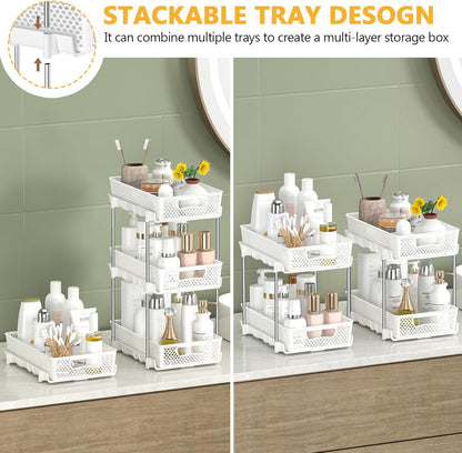 DABIGE 2 Pack Pull Out Bathroom Organizers and Storage, 2 Tier Stackable Under Sink Storage Organizer for Bathroom, Kitchen Cabinet, Pantry, and Medicine Holder, Organization and Storage - White