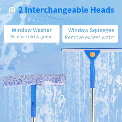 10Ft Window Cleaning Kit with Extension Pole, 14" Squeegee and 15" Scrubber with Long Handle, Window Cleaner Tool Washing Equipment for Outdoor High Windows Glass