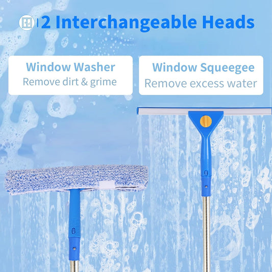 10Ft Window Cleaning Kit with Extension Pole, 14" Squeegee and 15" Scrubber with Long Handle, Window Cleaner Tool Washing Equipment for Outdoor High Windows Glass