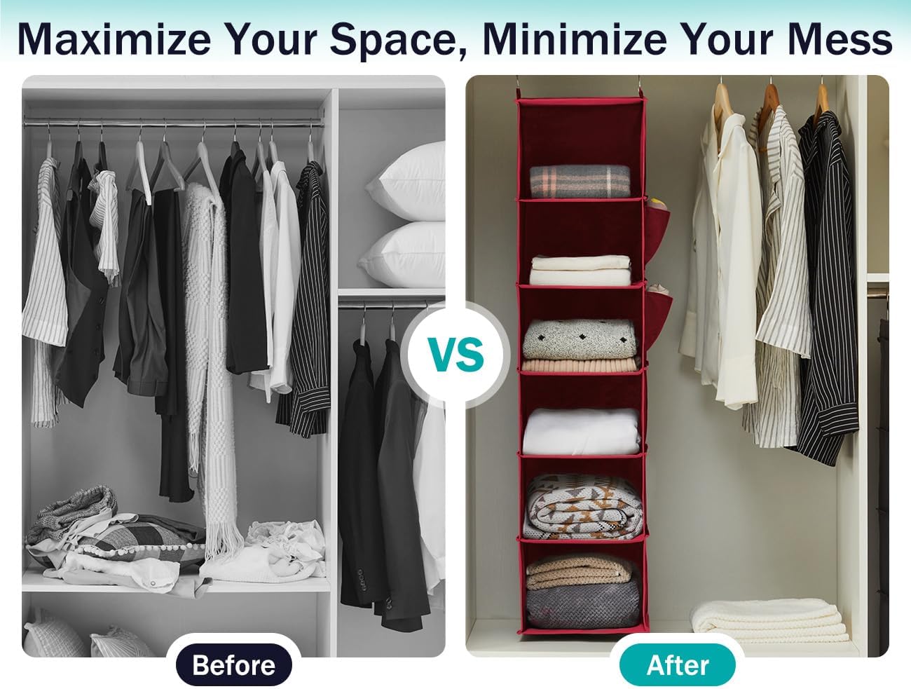 YOUDENOVA Hanging Closet Organizer, 6-Shelf Closet Hanging Storage Shelves, 2 Packs, Grey