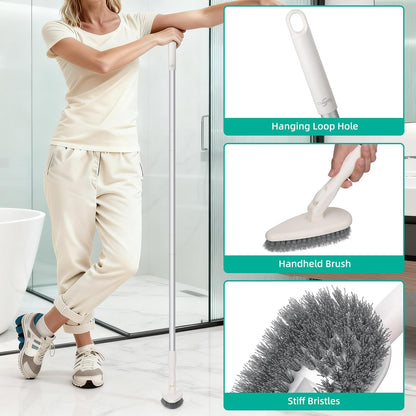Qaestfy 4-in-1 Tub and Tile Shower Scrubber, 51'' Bathtub Cleaning Brush with Long Handle, Soft & Stiff Bristles Bathroom Scrub Brush, Non-Scratch Shower Cleaner Brush for Cleaning