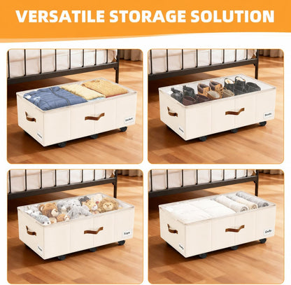 Under Bed Storage with Wheels,Underbed Storage with Sturdy Sidewalls/Bottom, Clear Cover, Label and PU Handle, Rolling Under Bed Drawers for Clothes, Shoes, 6.5 Inch Height,Black, 2 Pack