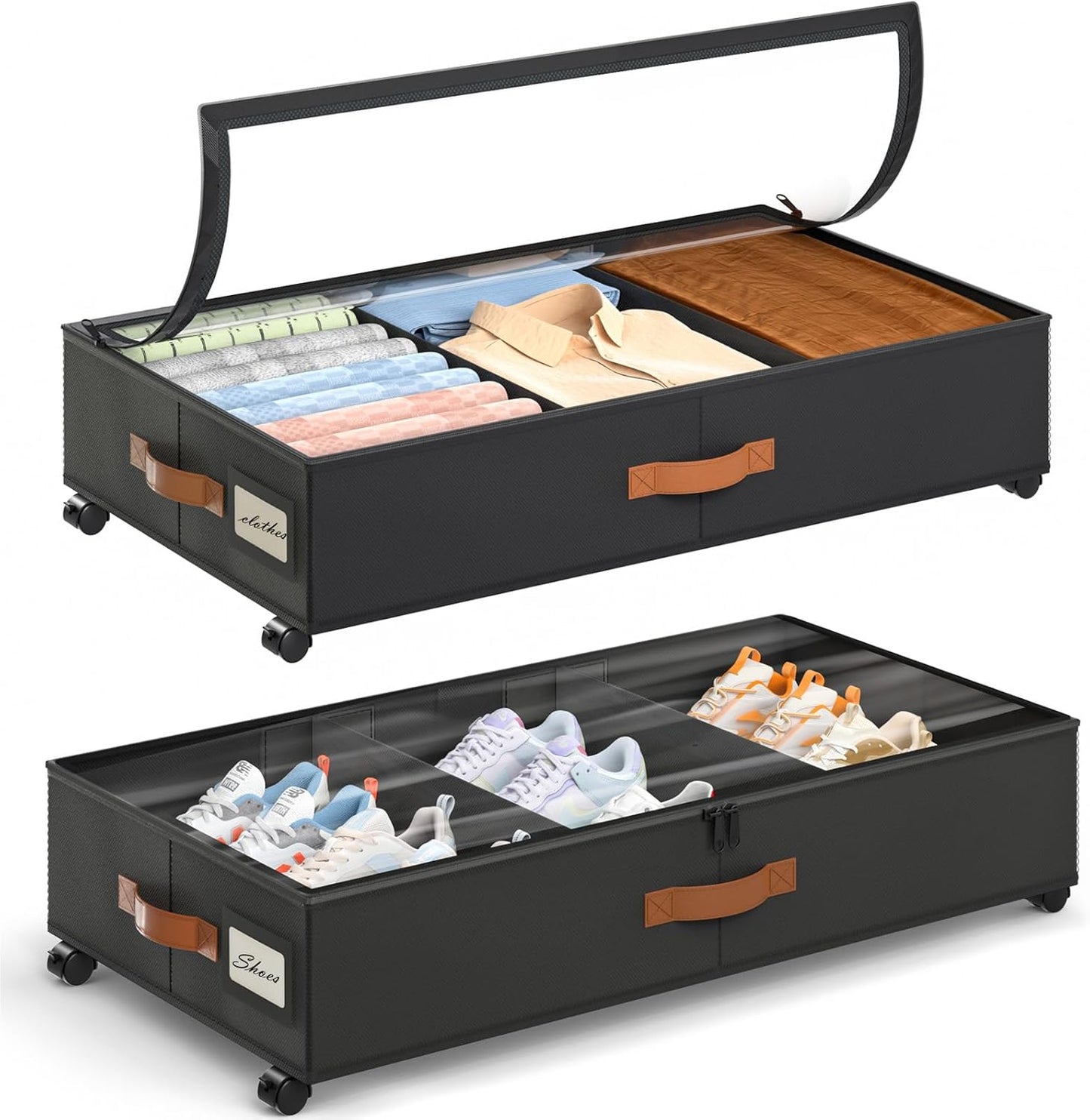 Yecaye Under Bed Storage with Wheels, 2 Pack Under Bed Storage Containers with Adjustable Dividers & Clear Lid, Rolling Underbed Organizer Bins Drawer for Clothes, Shoes, Blankets(30.3 x 16 x 6.7in)