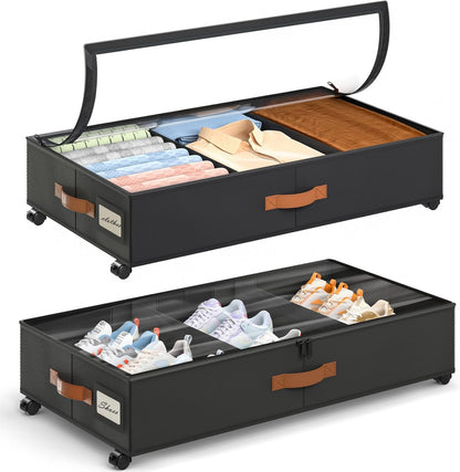 Yecaye Under Bed Storage with Wheels, 2 Pack Under Bed Storage Containers with Adjustable Dividers & Clear Lid, Rolling Underbed Organizer Bins Drawer for Clothes, Shoes, Blankets(30.3 x 16 x 6.7in)