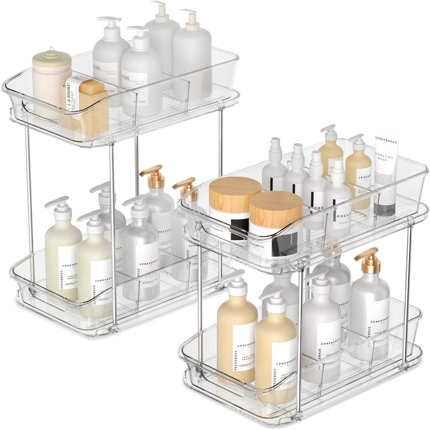incostar 2 Tier Pull-Out Organizer for Bathroom Kitchen, Under Sink Storage with Dividers, Ideal for Cabinet, Cupboard Organization, Slide-Out Clear Storage, 1 Pack