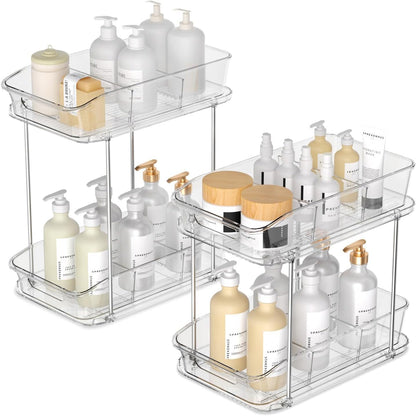 incostar 2 Tier Pull-Out Organizer for Bathroom Kitchen, Under Sink Storage with Dividers, Ideal for Cabinet, Cupboard Organization, Slide-Out Clear Storage, 1 Pack