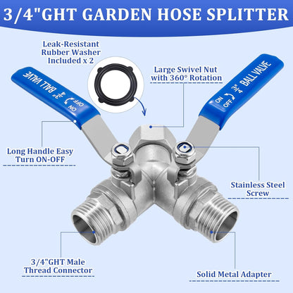 Garden Hose Splitter 2 way Heavy Duty, Brass Water Hose Splitter High Flow With Long Handle, 3/4 Inch Garden Hose Y Valve Garden Splitter, Full Flow Y Valve Hose Splitter With Wrench