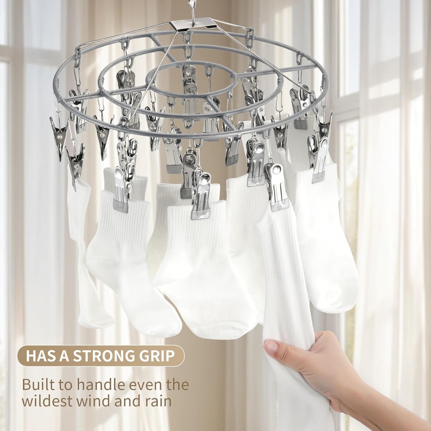 PHYDELU Drying Rack Clothing with 20 Clips，Sock Hanger for Drying，Hanging Clothes Dryer Underwear Hangers Racks Laundry Herb Socks Panty Wet Bra Lingerie Baby Delicates Foldable Small Indoor Metal