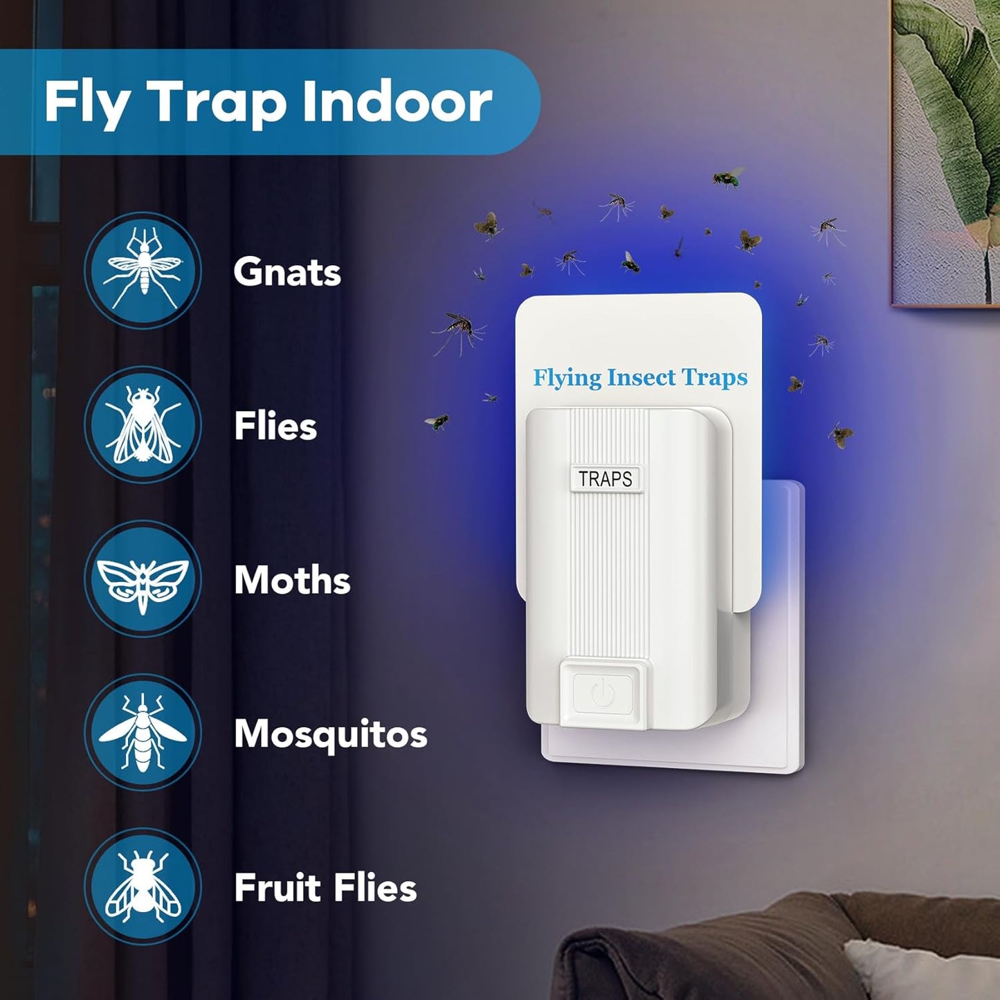 2-Pack Fly Trap Indoor with 6 Refills | Plug-in Sticky Glue Trap for Fruit Flies, Gnats, Mosquitoes, Moths | Safe for Kids & Pets