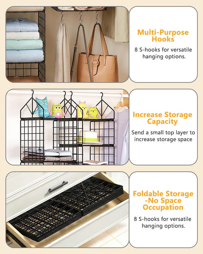 2 Pack Hanging Closet Organizer and Storage, 5 Tier & 3 Tier Metal Wire Closet Shelves with 8 S Hooks, Hanging Storage Shelf for Clothes Shoes Sweaters Handbags Laundry