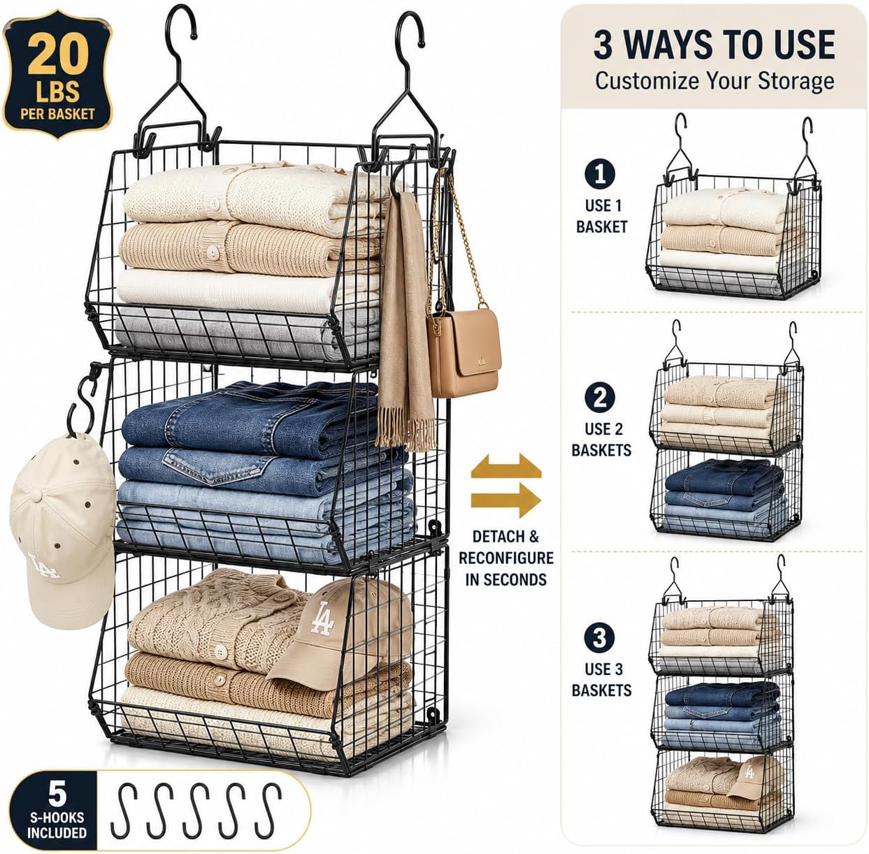 X-cosrack 3-Tier Hanging Closet Organizer, Laundry Room Organization | Space Saving Shelves with 1.65" Hook & 5 S-Hooks | Hanging Wire Baskets (12.4" W x 8.8" H x 10.24-11.8" D)